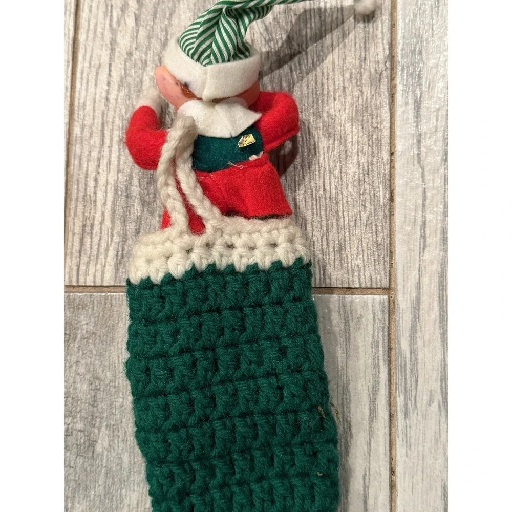 Vintage Pixie Santa Elf Knee Hugger Crochet Stocking Christmas Kitschy Rubber